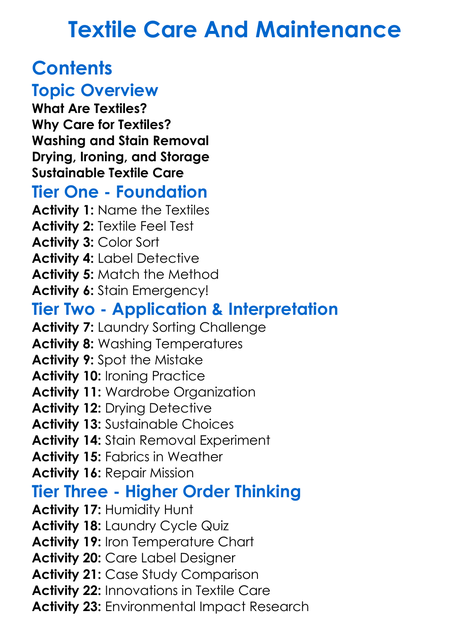 Textile Care And Maintenance Worksheet Activity Booklet
