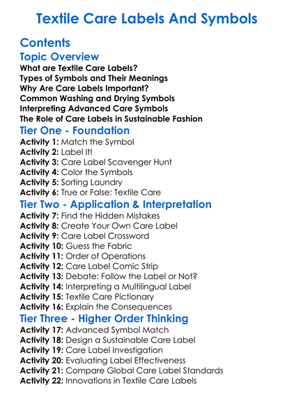 Textile Care Labels And Symbols Worksheet Activity Booklet