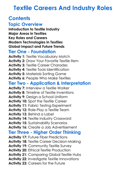 Textile Careers And Industry Roles Worksheet Activity Booklet