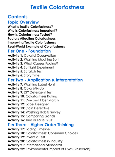 Textile Colorfastness Worksheet Activity Booklet