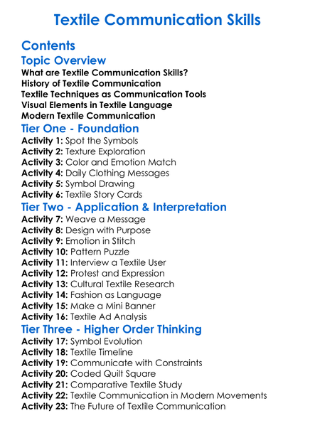 Textile Communication Skills Worksheet Activity Booklet