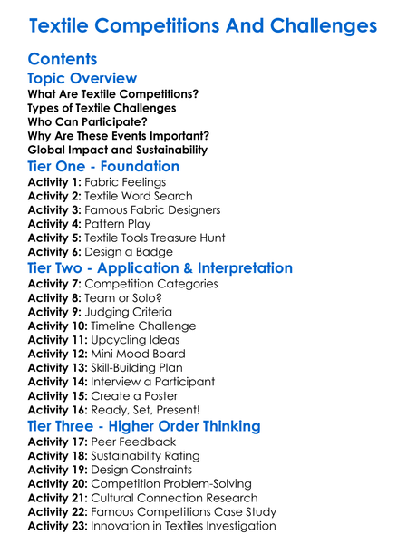 Textile Competitions And Challenges Worksheet Activity Booklet