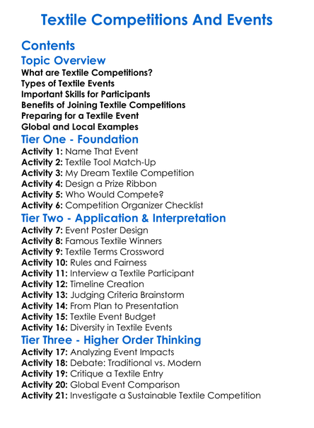 Textile Competitions And Events Worksheet Activity Booklet