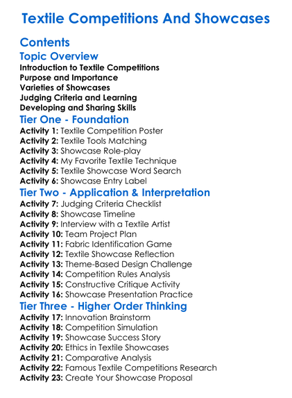 Textile Competitions And Showcases Worksheet Activity Booklet
