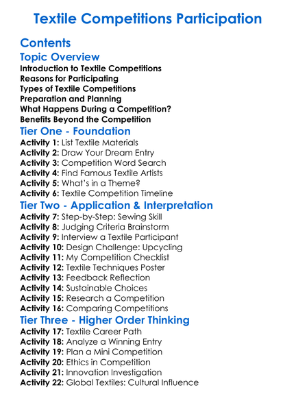Textile Competitions Participation Worksheet Activity Booklet