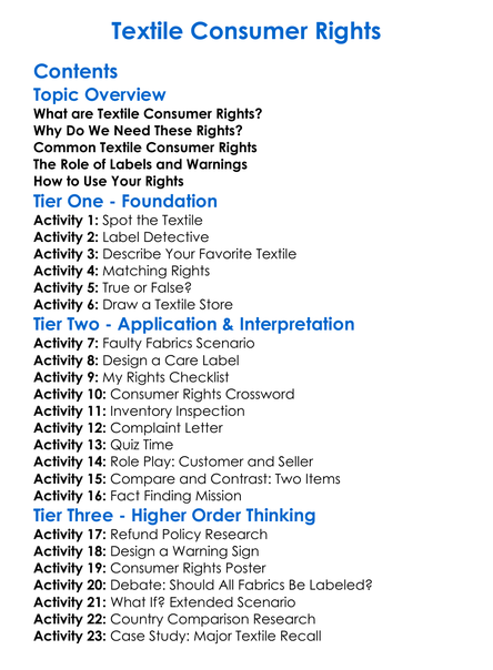 Textile Consumer Rights Worksheet Activity Booklet
