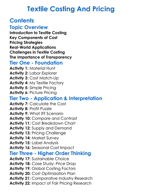 Textile Costing And Pricing Worksheet Activity Booklet