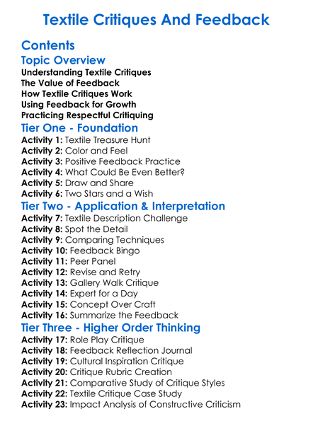 Textile Critiques And Feedback Worksheet Activity Booklet