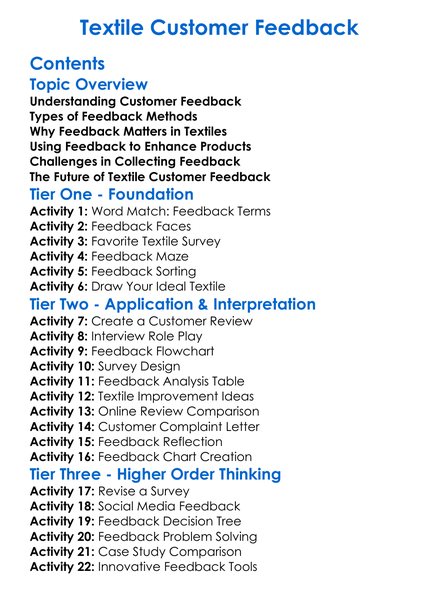 Textile Customer Feedback Worksheet Activity Booklet