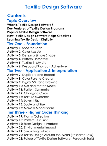 Textile Design Software Worksheet Activity Booklet