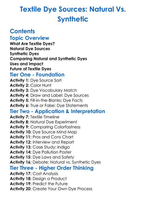 Textile Dye Sources Natural Vs Synthetic Worksheet Activity Booklet