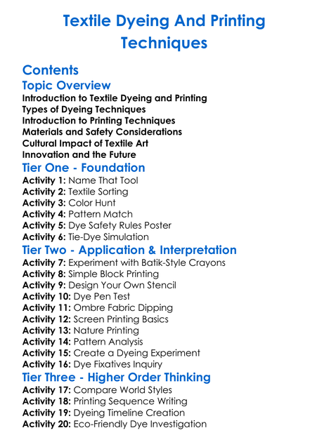Textile Dyeing And Printing Techniques Worksheet Activity Booklet