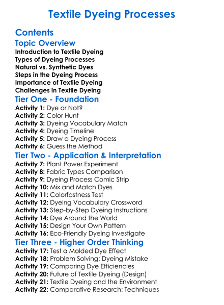 Textile Dyeing Processes Worksheet Activity Booklet