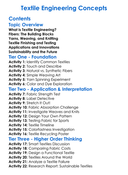 Textile Engineering Concepts Worksheet Activity Booklet