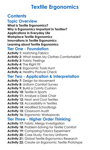 Textile Ergonomics Worksheet Activity Booklet