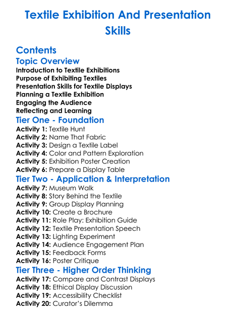 Textile Exhibition And Presentation Skills Worksheet Activity Booklet