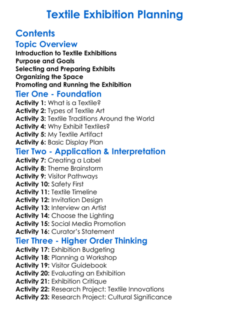 Textile Exhibition Planning Worksheet Activity Booklet