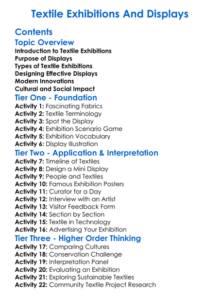 Textile Exhibitions And Displays Worksheet Activity Booklet