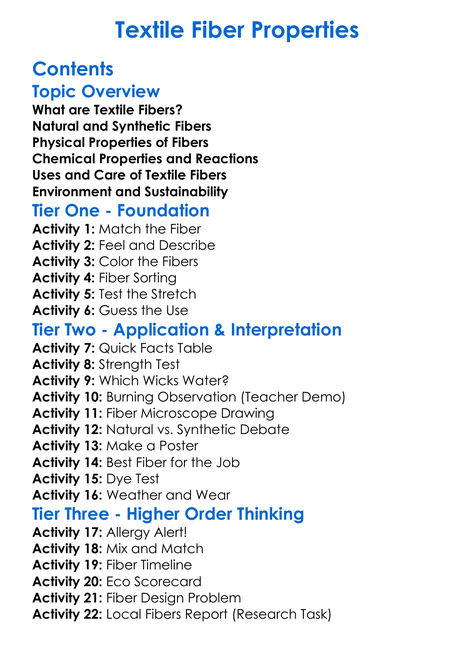 Textile Fiber Properties Worksheet Activity Booklet