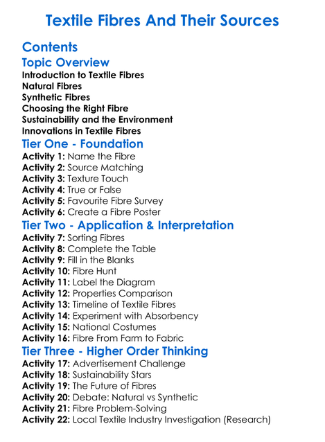 Textile Fibres And Their Sources Worksheet Activity Booklet