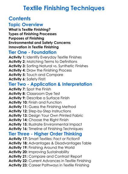 Textile Finishing Techniques Worksheet Activity Booklet