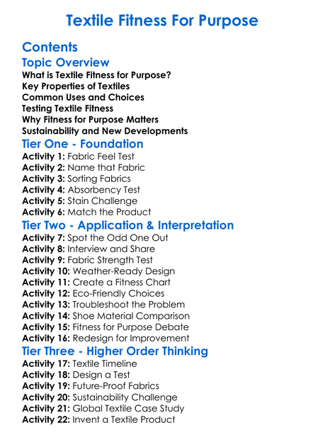 Textile Fitness For Purpose Worksheet Activity Booklet