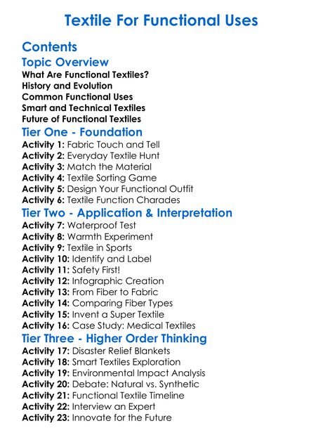 Textile For Functional Uses Worksheet Activity Booklet