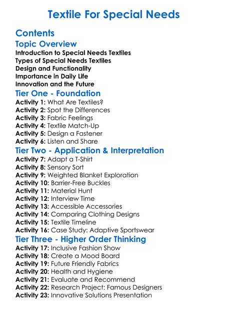 Textile For Special Needs Worksheet Activity Booklet