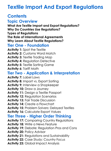 Textile Import And Export Regulations Worksheet Activity Booklet