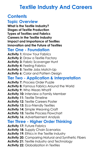 Textile Industry And Careers Worksheet Activity Booklet