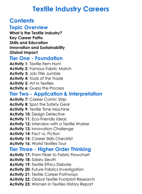 Textile Industry Careers Worksheet Activity Booklet