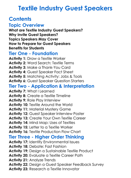 Textile Industry Guest Speakers Worksheet Activity Booklet