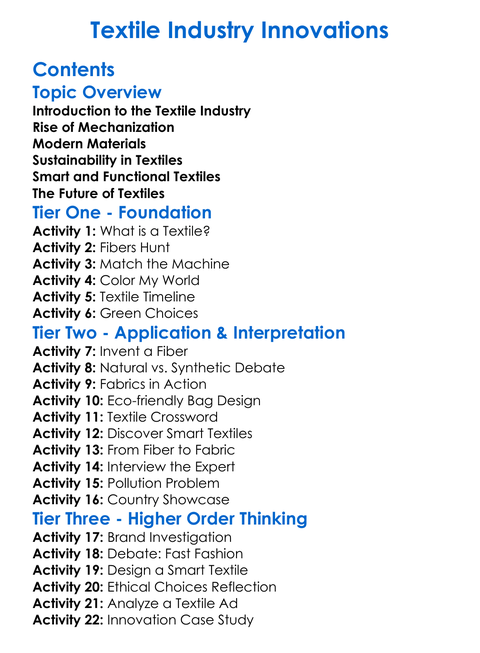 Textile Industry Innovations Worksheet Activity Booklet