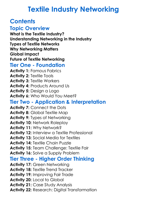 Textile Industry Networking Worksheet Activity Booklet