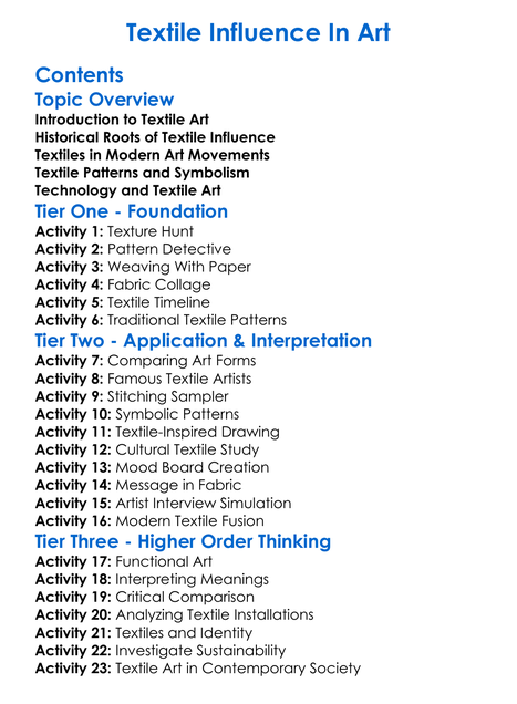 Textile Influence In Art Worksheet Activity Booklet