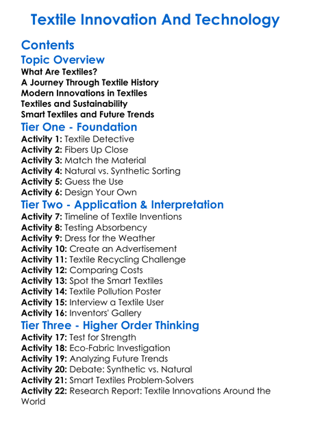 Textile Innovation And Technology Worksheet Activity Booklet