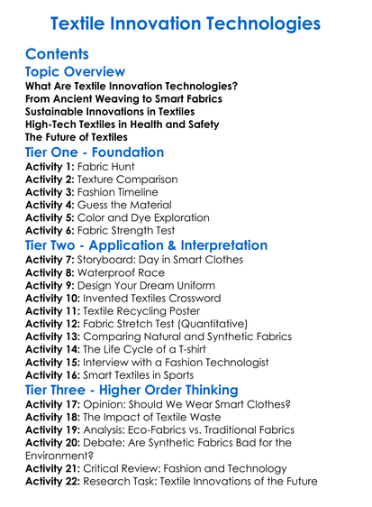 Textile Innovation Technologies Worksheet Activity Booklet