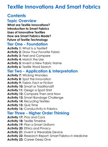 Textile Innovations And Smart Fabrics Worksheet Activity Booklet