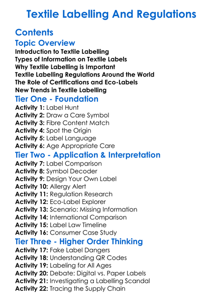 Textile Labelling And Regulations Worksheet Activity Booklet