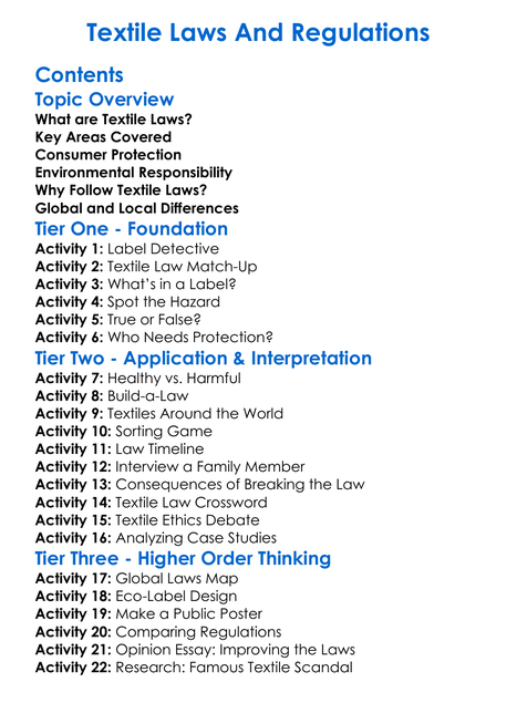Textile Laws And Regulations Worksheet Activity Booklet