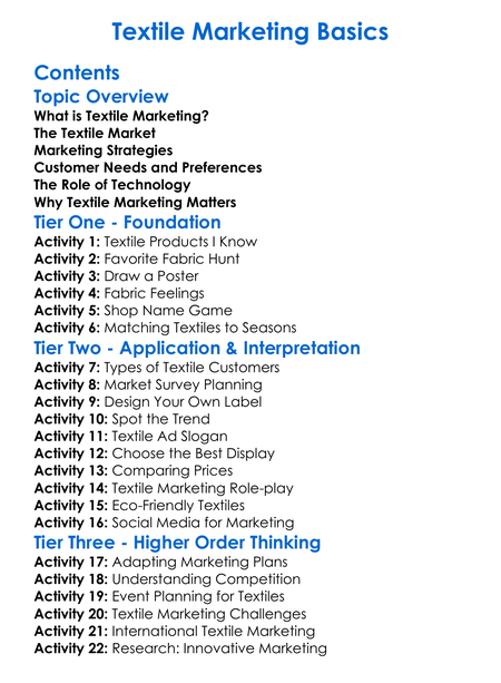 Textile Marketing Basics Worksheet Activity Booklet