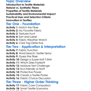 Textile Material Selection Worksheet Activity Booklet