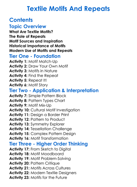 Textile Motifs And Repeats Worksheet Activity Booklet