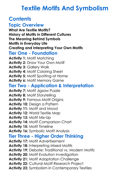 Textile Motifs And Symbolism Worksheet Activity Booklet