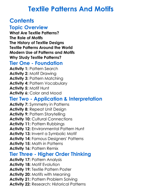 Textile Patterns And Motifs Worksheet Activity Booklet