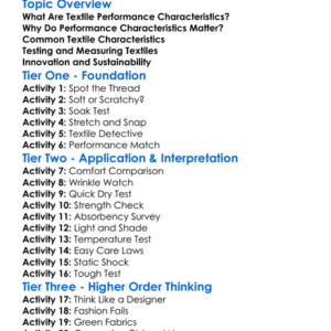 Textile Performance Characteristics Worksheet Activity Booklet