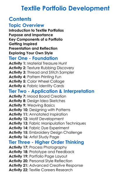 Textile Portfolio Development Worksheet Activity Booklet