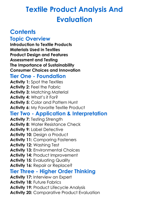 Textile Product Analysis And Evaluation Worksheet Activity Booklet