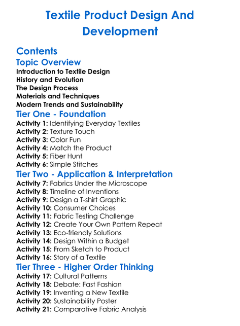 Textile Product Design And Development Worksheet Activity Booklet