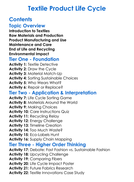 Textile Product Life Cycle Worksheet Activity Booklet